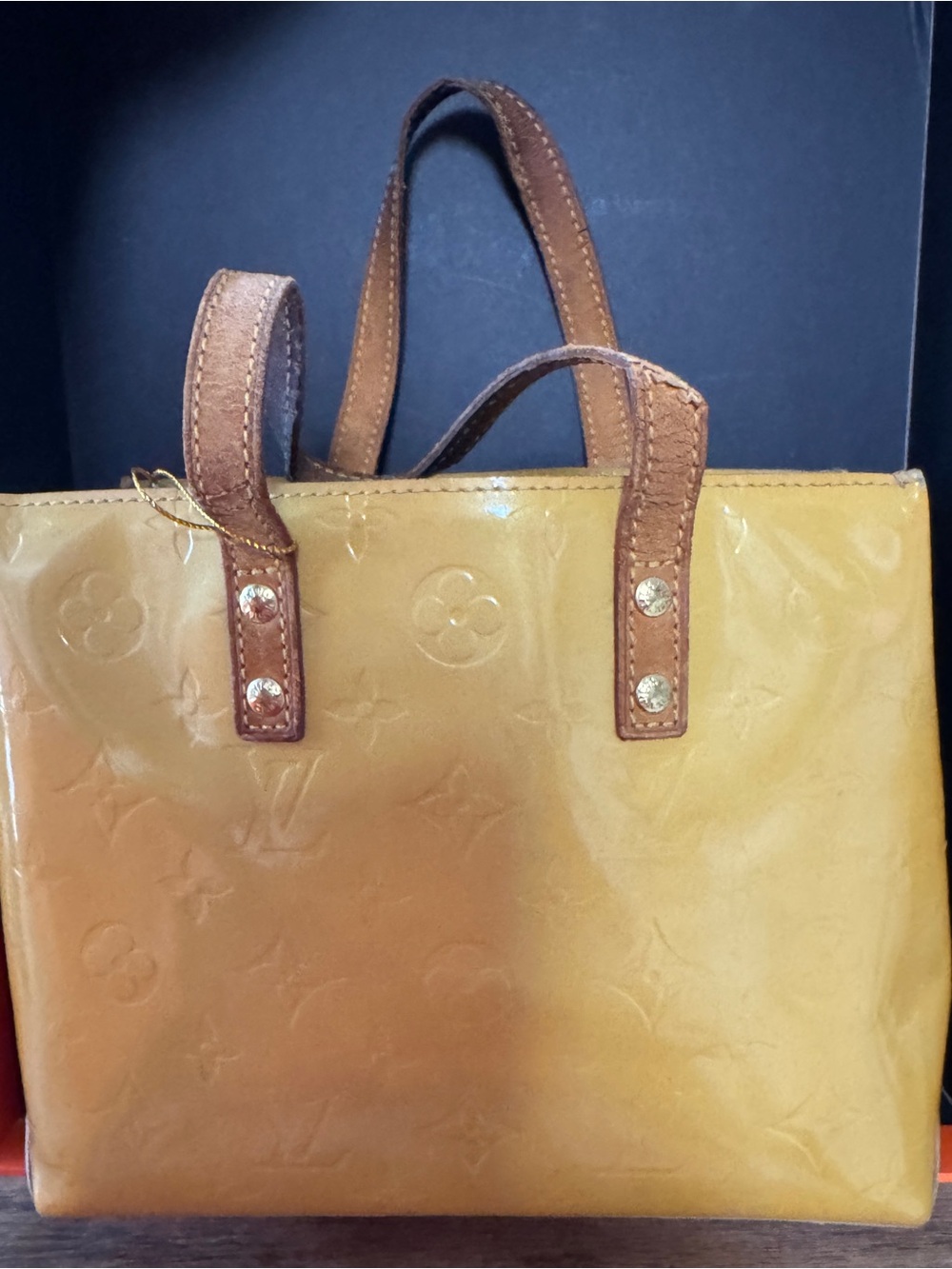 Louis Vuitton Patent Monogram Vernis 
Tote in Yellow with Brown Handles